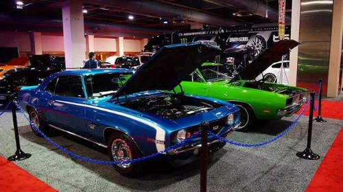 A show room of classic cars that were restored at Dantonio Auto